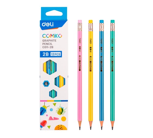 Карандаш чернографит. Deli EC011-2B Comiko 2B шестигран. липа ластик корпус ассорти коробка картонная (12шт) Карандаш чернографит. Deli EC011-2B Comiko 2B шестигран. липа ластик корпус ассорти коробка картонная (12шт)
