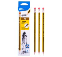 Карандаш чернографит. Deli EC004-HB HB шестигран. ластик коробка картонная (12шт)