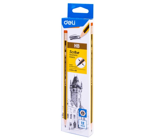 Карандаш чернографит. Deli EC004-HB HB шестигран. ластик коробка картонная (12шт)
