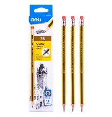 Карандаш чернографит. Deli EC004-2B 2B шестигран. ластик коробка картонная (12шт)