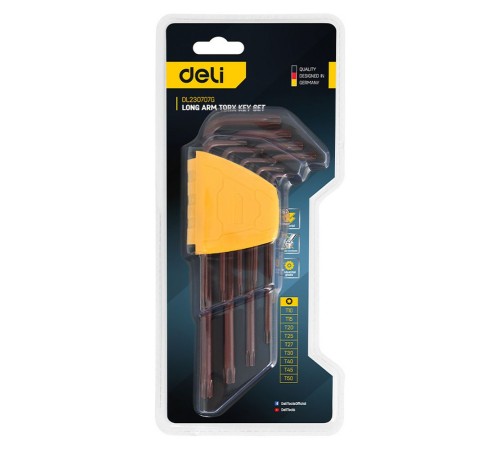 Ключ Deli Набор шестигранных ключей "TORX" удлиненных Deli DL230707G 9 шт  S2, размеры T10,T15,T20,T25,T27,T30,T40,T45,T50, пластиковый держатель