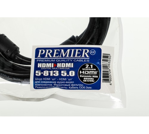 Кабель соединительный аудио-видео Premier 5-813 HDMI (m)/HDMI (m) 5м. феррит.кольца Позолоченные контакты черный Кабель соединительный аудио-видео Premier 5-813 HDMI (m)/HDMI (m) 5м. феррит.кольца Позолоченные контакты черный