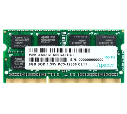 Оперативная память Apacer  DDR3   8GB  1600MHz SO-DIMM (PC3-12800) CL11 1.5V(Retail) 512*8 (AS08GFA60CATBGC/DS.08G2K.KAM) (AS08GFA60CATBGC)