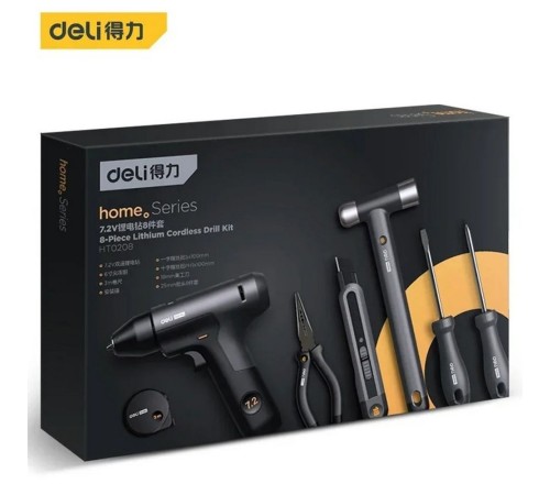 Набор ручного инструмента + шуруповерт Deli "Home Series Black" Deli HT0208  8 предметов