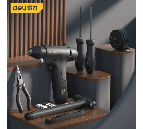 Набор ручного инструмента + шуруповерт Deli "Home Series Black" Deli HT0208  8 предметов