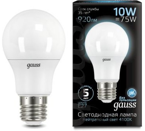 Лампа светодиодная Gauss A60 10Вт цок.:E27 шар 220B 4100K св.свеч.бел.ней. A60 (упак.:10шт) (102502210) Лампа светодиодная Gauss A60 10Вт цок.:E27 шар 220B 4100K св.свеч.бел.ней. A60 (упак.:10шт) (102502210)