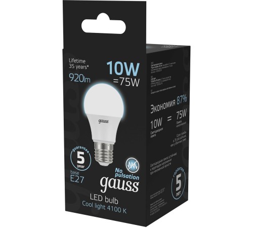 Лампа светодиодная Gauss A60 10Вт цок.:E27 шар 220B 4100K св.свеч.бел.ней. A60 (упак.:10шт) (102502210) Лампа светодиодная Gauss A60 10Вт цок.:E27 шар 220B 4100K св.свеч.бел.ней. A60 (упак.:10шт) (102502210)