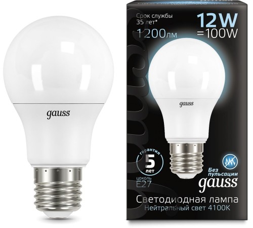 Лампа светодиодная Gauss A60 12Вт цок.:E27 шар 220B 4100K св.свеч.бел.ней. A60 (упак.:10шт) (102502212)