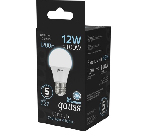Лампа светодиодная Gauss A60 12Вт цок.:E27 шар 220B 4100K св.свеч.бел.ней. A60 (упак.:10шт) (102502212)