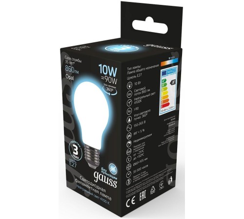 Лампа светодиодная Gauss 10Вт цок.:E27 шар 220B 4100K св.свеч.бел.нейт. A60 (упак.:10шт) (102202210) Лампа светодиодная Gauss 10Вт цок.:E27 шар 220B 4100K св.свеч.бел.нейт. A60 (упак.:10шт) (102202210)