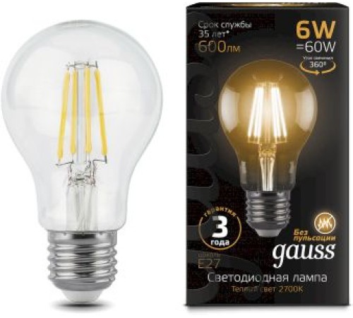 Лампа филам. Gauss 6Вт цок.:E27 шар 220B 2700K св.свеч.бел.теп. A60 (упак.:10шт) (102802106) Лампа филам. Gauss 6Вт цок.:E27 шар 220B 2700K св.свеч.бел.теп. A60 (упак.:10шт) (102802106)