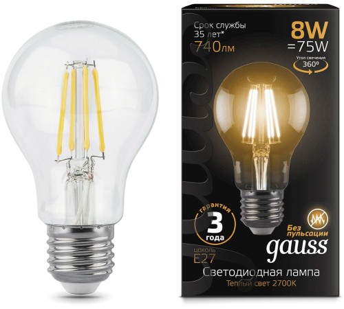 Лампа филам. Gauss 8Вт цок.:E27 шар 220B 2700K св.свеч.бел.теп. A60 (упак.:10шт) (102802108) Лампа филам. Gauss 8Вт цок.:E27 шар 220B 2700K св.свеч.бел.теп. A60 (упак.:10шт) (102802108)