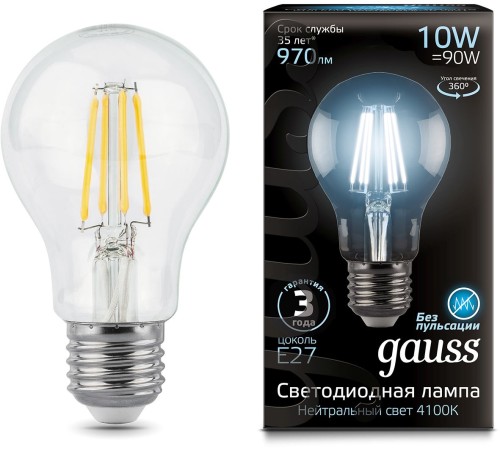 Лампа филам. Gauss 10Вт цок.:E27 шар 220B 4100K св.свеч.бел.нейт. A60 (упак.:10шт) (102802210)