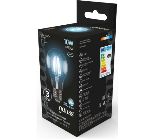 Лампа филам. Gauss 10Вт цок.:E27 шар 220B 4100K св.свеч.бел.нейт. A60 (упак.:10шт) (102802210)