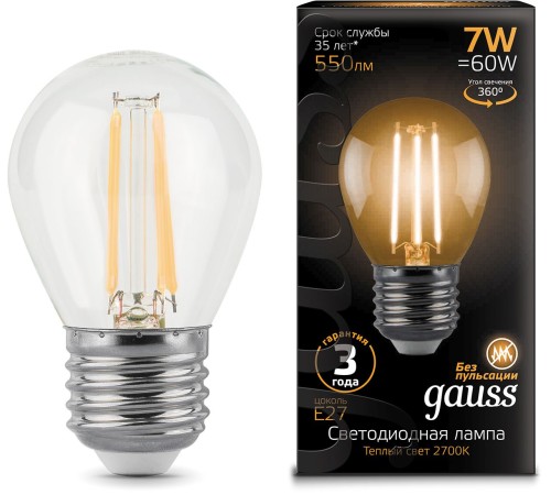 Лампа филам. Gauss 7Вт цок.:E27 шар 220B 2700K св.свеч.бел.теп. G45 (упак.:10шт) (105802107) Лампа филам. Gauss 7Вт цок.:E27 шар 220B 2700K св.свеч.бел.теп. G45 (упак.:10шт) (105802107)