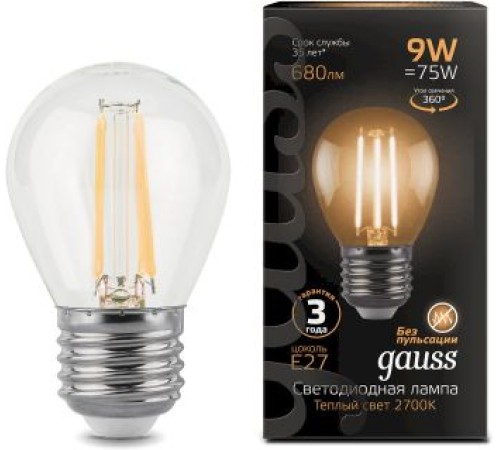 Лампа филам. Gauss 9Вт цок.:E27 шар 220B 2700K св.свеч.бел.теп. G45 (упак.:10шт) (105802109) Лампа филам. Gauss 9Вт цок.:E27 шар 220B 2700K св.свеч.бел.теп. G45 (упак.:10шт) (105802109)