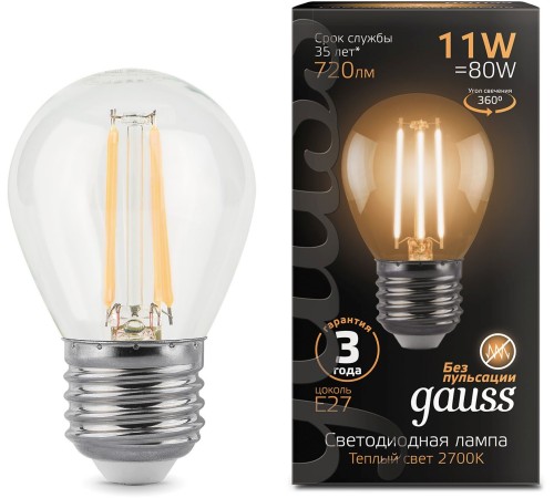 Лампа филам. Gauss 11Вт цок.:E27 шар 220B 2700K св.свеч.бел.теп. G45 (упак.:10шт) (105802111) Лампа филам. Gauss 11Вт цок.:E27 шар 220B 2700K св.свеч.бел.теп. G45 (упак.:10шт) (105802111)