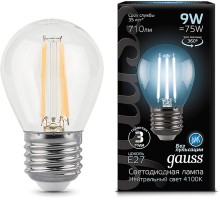 Лампа филам. Gauss 9Вт цок.:E27 шар 220B 4100K св.свеч.бел.нейт. G45 (упак.:10шт) (105802209)