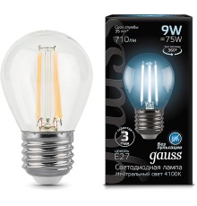 Лампа филам. Gauss 9Вт цок.:E27 шар 220B 4100K св.свеч.бел.нейт. G45 (упак.:10шт) (105802209)