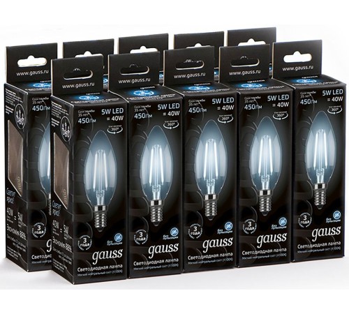 Лампа филам. Gauss 5Вт цок.:E14 свеча 220B 4100K св.свеч.бел.нейт. C37 (упак.:10шт) (103801205) Лампа филам. Gauss 5Вт цок.:E14 свеча 220B 4100K св.свеч.бел.нейт. C37 (упак.:10шт) (103801205)