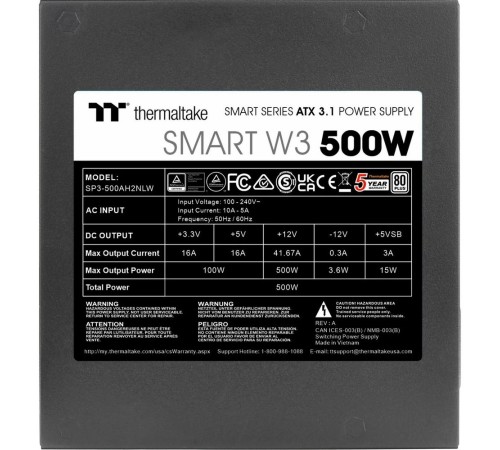 Блок питания ПК Thermaltake Smart W3 500 /Non Modular/Non Light/Full Range/Analog/80 Plus/EU/Non JP CAP/All Flat Cables/ATX 3.1
