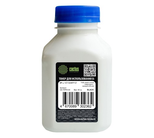 Тонер Cactus CS-THPW-40 черный флакон 40гр. для принтера HP LJ 107/135/MFP137/408/MFP432