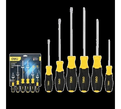 Набор отверток Deli DL630006N 6шт SL5x75 + SL5x100 + SL6x150 + PH1x75 + PH1x100 + PH2x150 сталь Cr-V, двухкомпонентная прорезиненная рукоять