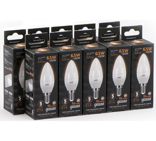 Лампа светодиодная Gauss Black 6.5Вт цок.:E14 свеча 220B 3000K св.свеч.бел.теп. C37 (упак.:10шт) (103101107)