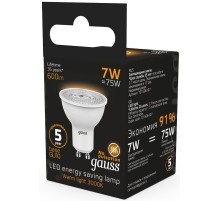 Лампа светодиодная Gauss Black 7Вт цок.:GU10 рефлектор 220B 3000K св.свеч.бел.теп. MR16 (упак.:10шт) (101506107)