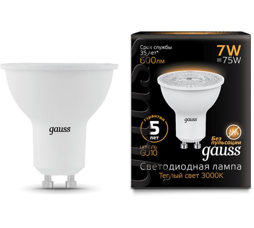 Лампа светодиодная Gauss Black 7Вт цок.:GU10 рефлектор 220B 3000K св.свеч.бел.теп. MR16 (упак.:10шт) (101506107) Лампа светодиодная Gauss Black 7Вт цок.:GU10 рефлектор 220B 3000K св.свеч.бел.теп. MR16 (упак.:10шт) (101506107)