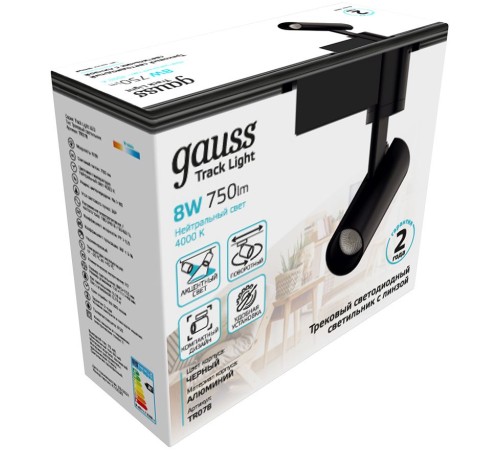 Система трековая Gauss TR078 8Вт 4000K цв.св.:белый нейтральный черный Система трековая Gauss TR078 8Вт 4000K цв.св.:белый нейтральный черный