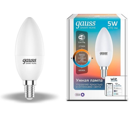 Умная лампа Gauss IoT Smart Home E14 5Вт 470lm Wi-Fi (упак.:1шт) (1110112) Умная лампа Gauss IoT Smart Home E14 5Вт 470lm Wi-Fi (упак.:1шт) (1110112)