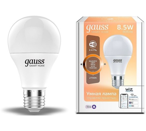 Умная лампа Gauss IoT Smart Home E27 8.5Вт 806lm Wi-Fi (упак.:1шт) (1050112) Умная лампа Gauss IoT Smart Home E27 8.5Вт 806lm Wi-Fi (упак.:1шт) (1050112)
