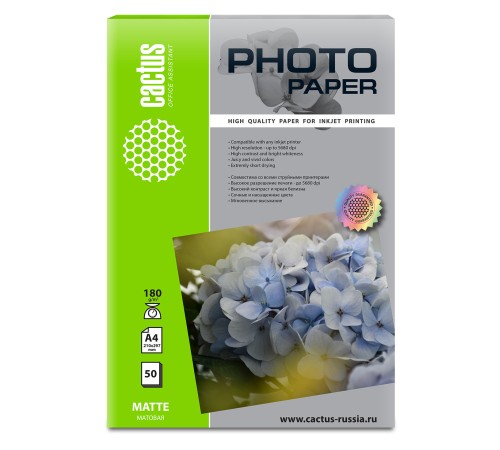 Фотобумага Cactus CS-MA418050 A4/180г/м2/50л./белый матовое для струйной печати Фотобумага Cactus CS-MA418050 A4/180г/м2/50л./белый матовое для струйной печати