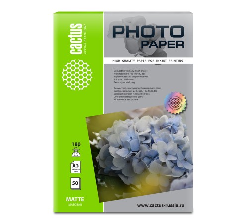 Фотобумага Cactus CS-MA318050 A3/180г/м2/50л./белый матовое для струйной печати Фотобумага Cactus CS-MA318050 A3/180г/м2/50л./белый матовое для струйной печати