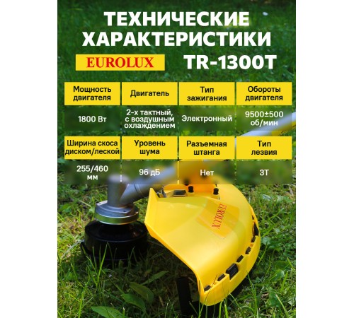 Триммер бензиновый Eurolux TR-1300T 1800Вт 1.77л.с. неразбор.штан. реж.эл.:леска/нож Триммер бензиновый Eurolux TR-1300T 1800Вт 1.77л.с. неразбор.штан. реж.эл.:леска/нож