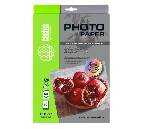 Фотобумага Cactus CS-GA417050 A4/170г/м2/50л./белый глянцевое для струйной печати Фотобумага Cactus CS-GA417050 A4/170г/м2/50л./белый глянцевое для струйной печати