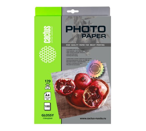 Фотобумага Cactus CS-GA4170100 A4/170г/м2/100л./белый глянцевое для струйной печати Фотобумага Cactus CS-GA4170100 A4/170г/м2/100л./белый глянцевое для струйной печати