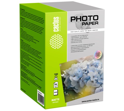 Фотобумага Cactus CS-MA6180500 A6/180г/м2/500л./белый матовое для струйной печати Фотобумага Cactus CS-MA6180500 A6/180г/м2/500л./белый матовое для струйной печати