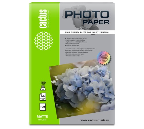 Фотобумага Cactus CS-MA4180100 A4/180г/м2/100л./белый матовое для струйной печати Фотобумага Cactus CS-MA4180100 A4/180г/м2/100л./белый матовое для струйной печати