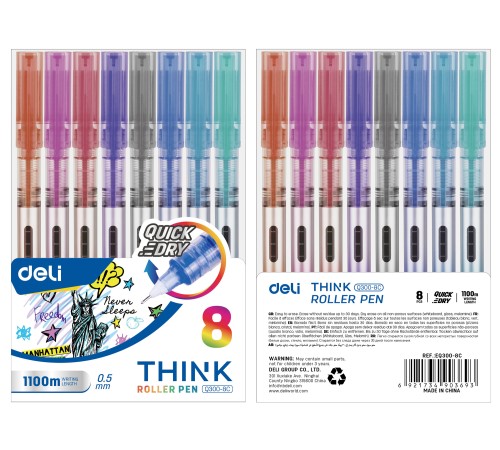 Ручка роллерн. Deli Think (EQ300-8C) ассорти d=0.5мм (8шт) стреловидный пиш. наконечник