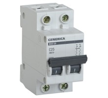 Выключатель автоматический IEK Generica MVA25-2-025-C 25A тип C 4.5kA 2П 400В 2мод серый (упак.:1шт)