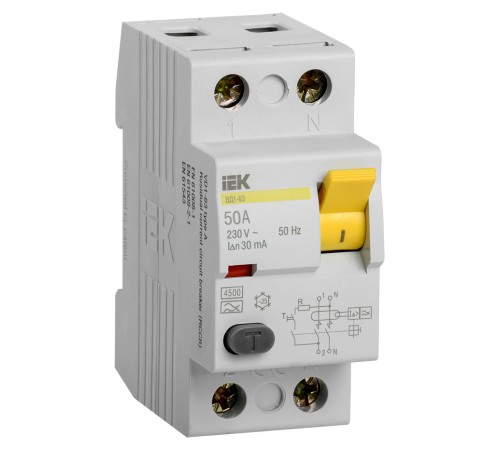 Выключатель дифф. тока (УЗО) IEK ВД1-63 MDV10-2-050-030 50A 30мА AC 2П 230В 2мод белый (упак.:1шт)