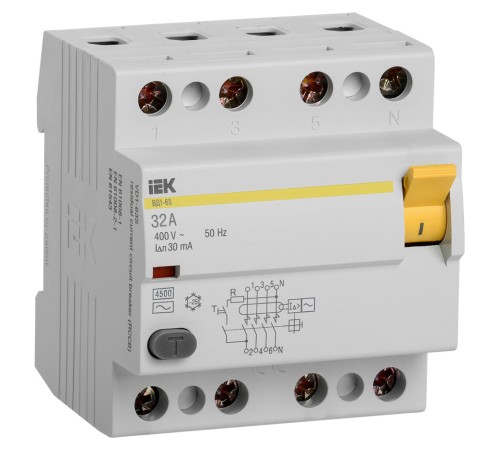 Выключатель дифф. тока (УЗО) IEK ВД1-63 MDV10-4-032-030 32A 30мА AC 4П 400В 4мод белый (упак.:1шт)