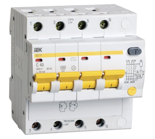 Выключатель автом. дифф. тока IEK АД14 MAD10-4-040-C-030 40A тип C 4.5kA 30мА AC 4П 400В 5мод белый (упак.:1шт)