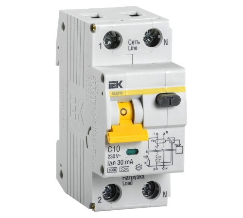 Выключатель автом. дифф. тока IEK АВДТ 32 MAD22-5-010-C-30 10A тип C 6kA 30мА A 1П+Н 230В 2мод белый (упак.:1шт)