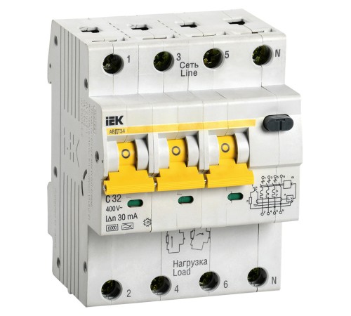 Выключатель автом. дифф. тока IEK АВДТ 34 MAD22-6-032-C-30 32A тип C 6kA 30мА A 4П 400В 4мод белый (упак.:1шт)
