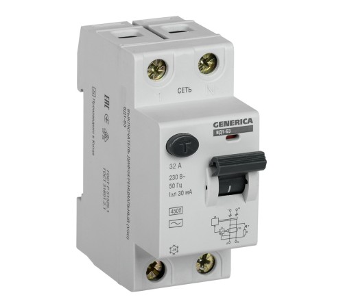 Выключатель дифф.тока УЗО IEK ВД1-63 Generica MDV15-2-032-030 32A 4.5kA 30мА AC 2П 230В 2мод серый (упак.:1шт)