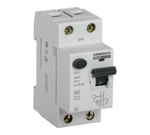 Выключатель дифф.тока УЗО IEK ВД1-63 Generica MDV15-2-040-030 40A 4.5kA 30мА AC 2П 230В 2мод серый (упак.:1шт) Выключатель дифф.тока УЗО IEK ВД1-63 Generica MDV15-2-040-030 40A 4.5kA 30мА AC 2П 230В 2мод серый (упак.:1шт)
