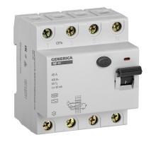 Выключатель дифф.тока УЗО IEK ВД1-63 Generica MDV15-4-040-030 40A 4.5kA 30мА AC 4П 400В 4мод серый (упак.:1шт)